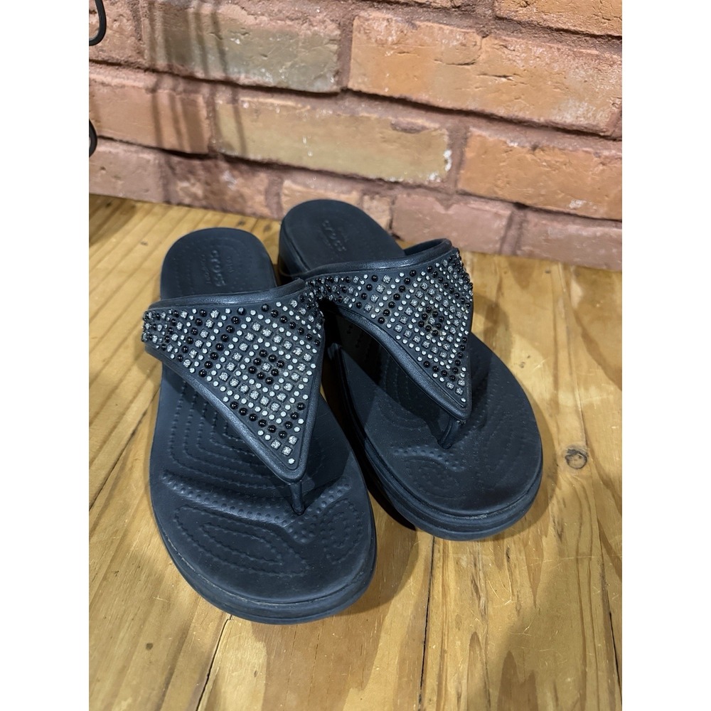 Crocs Monterey Diamante Women's 8 Black Embellish Wedge Flip Flop Sandals Thongs